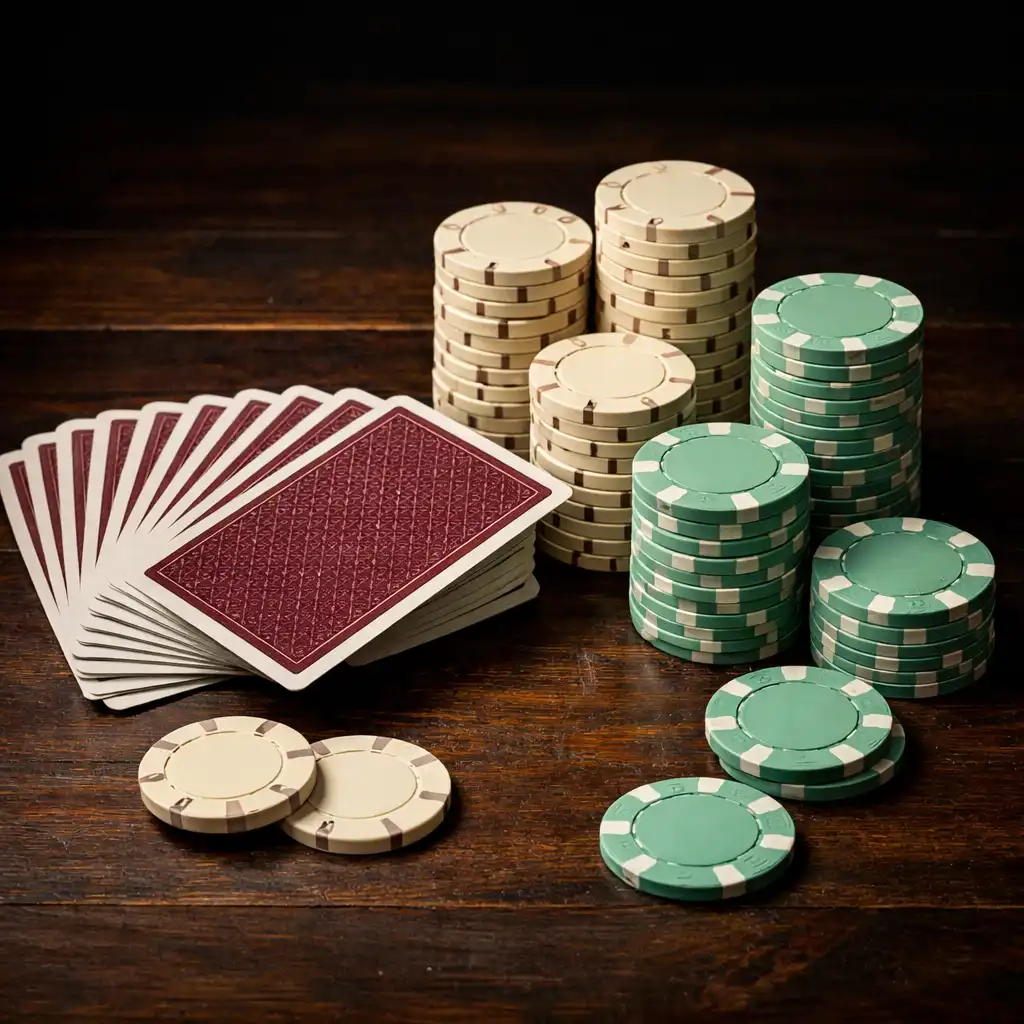 Rozložené hrací karty a sloupce pokerových žetonů na tmavém dřevěném stole
