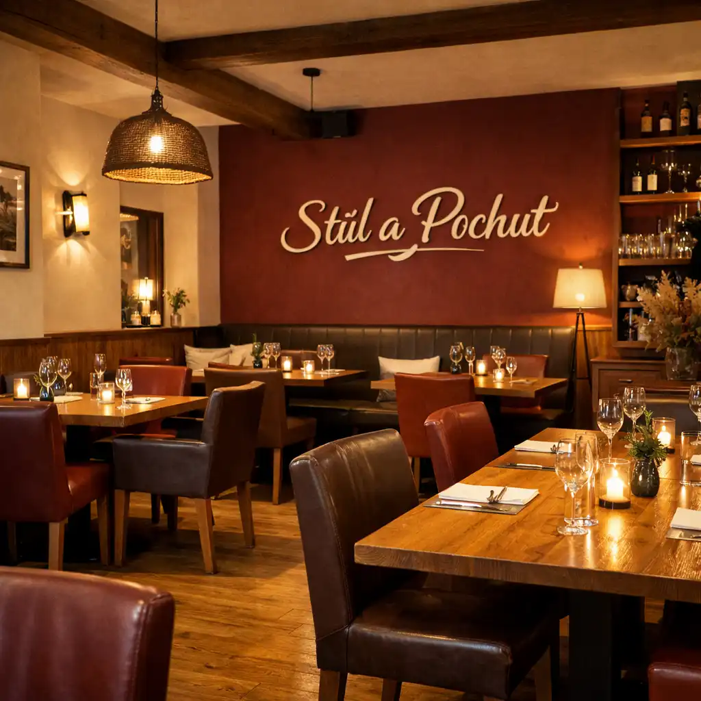 Interiér restaurace Stůl a Pochuť s dřevěnými stoly, koženými židlemi a teplým osvětlením