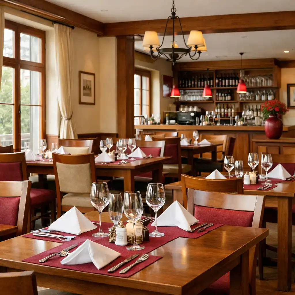 Interiér restaurace s jídelními stoly a teplým osvětlením
