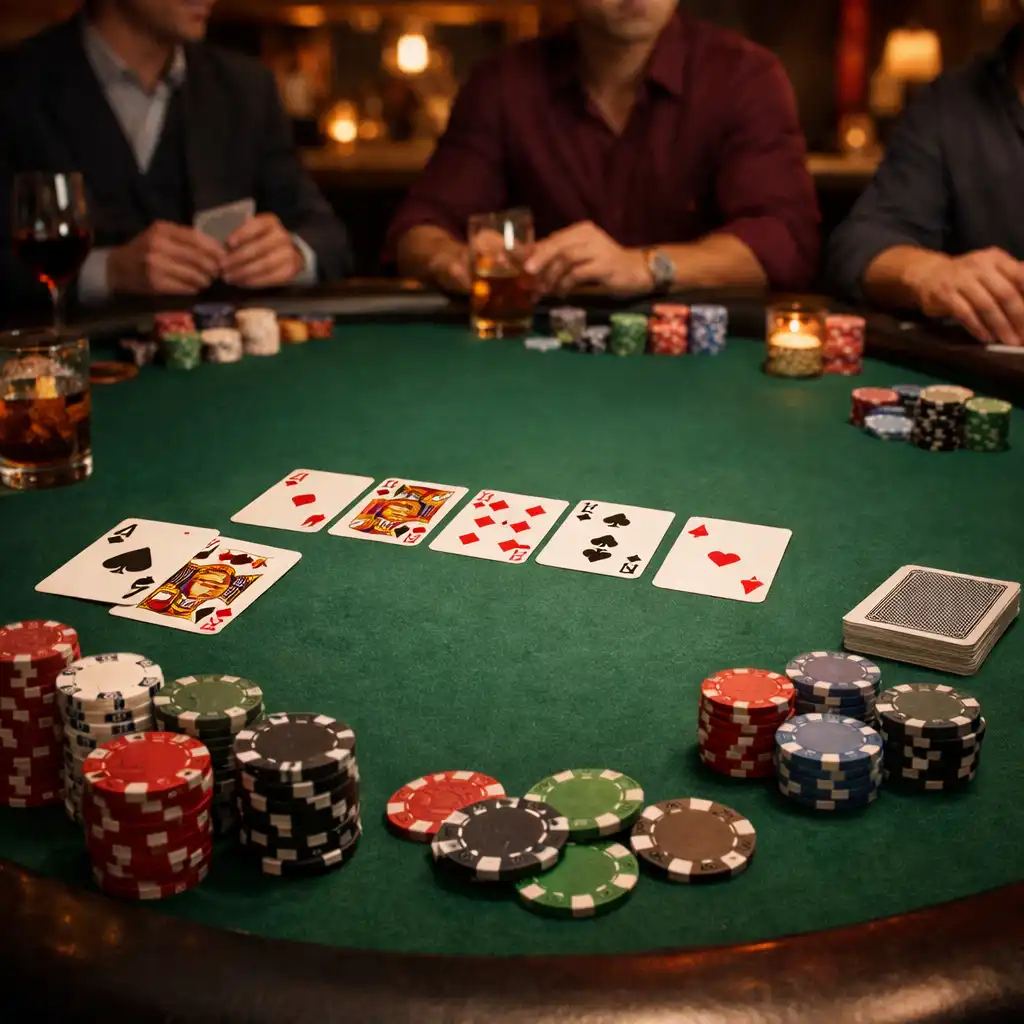 Pokerový stůl s kartami a žetony v restauraci Stůl a Pochuť