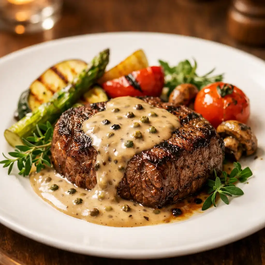 Elegantně naservírovaný hovězí steak s pepřovou omáčkou a grilovanou zeleninou