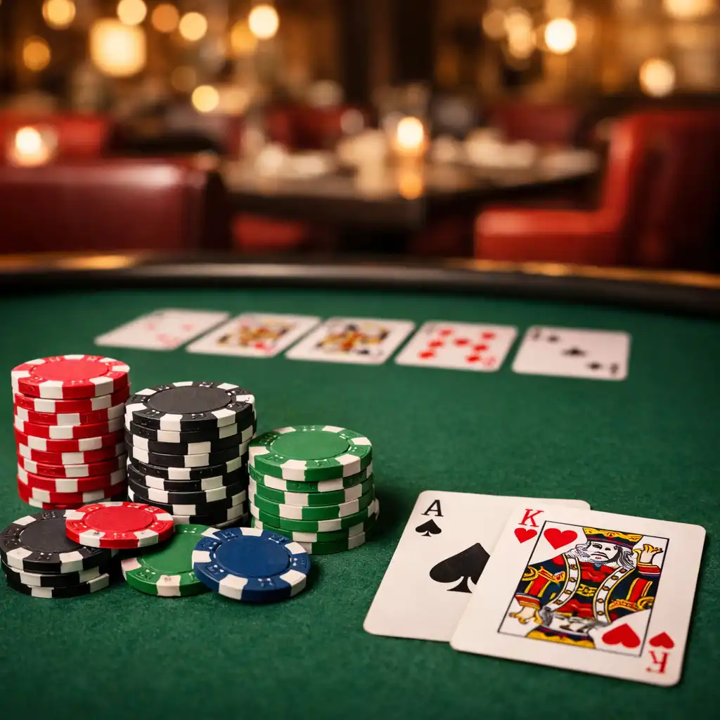 Pokerový stůl v restauraci Stůl a Pochuť s kartami a žetony