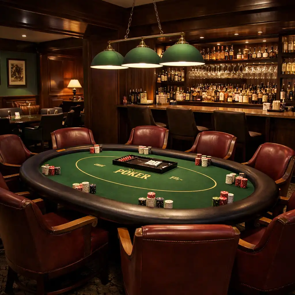 Poker room s profesionálním stolem, pohodlnými židlemi a barem v pozadí
