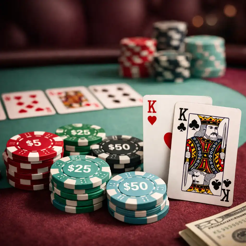 Detail pokerového stolu s kartami a žetony v teplém světle