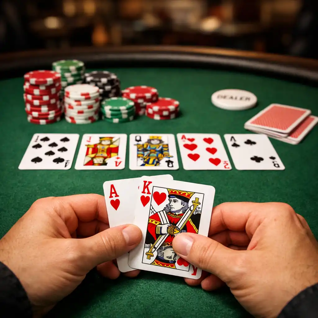 Pokerový stůl s rozdanými kartami a žetony v popředí