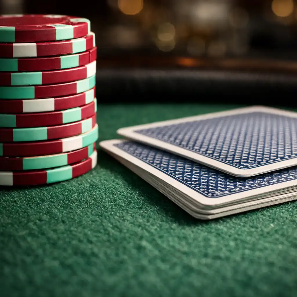 Detail pokerového stolu s plstěným povrchem, kartami a žetony