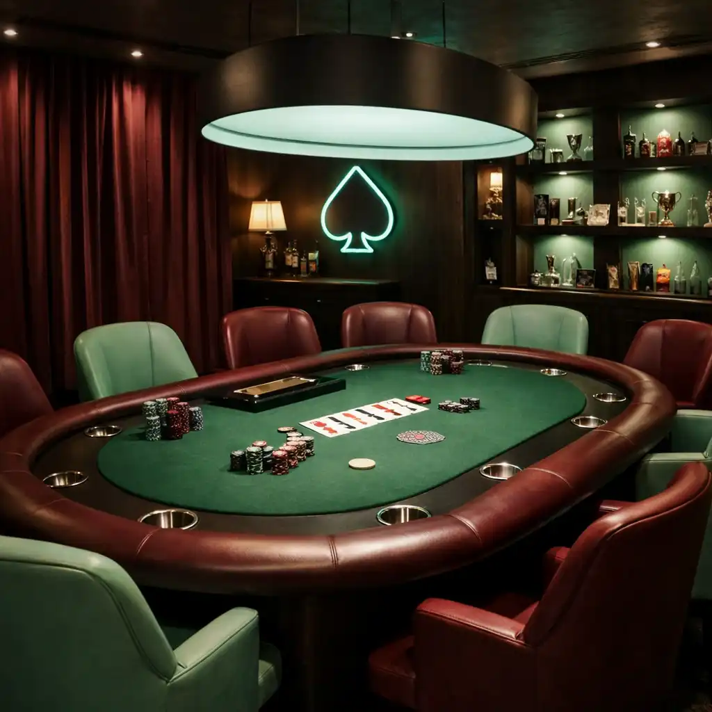 Vyhrazená pokerová zóna s profesionálním stolem a židlemi