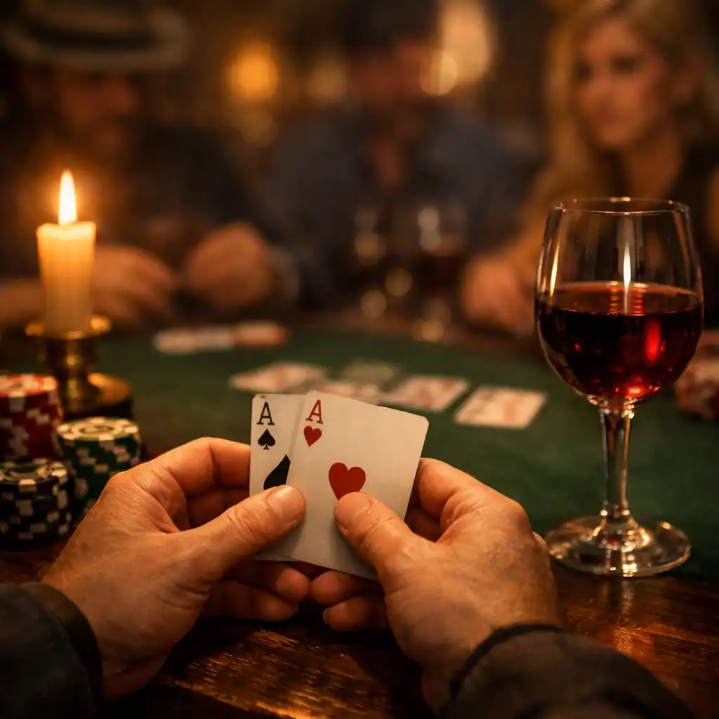 Detail rukou hráče držícího karty u pokerového stolu se žetony a sklenicí vína